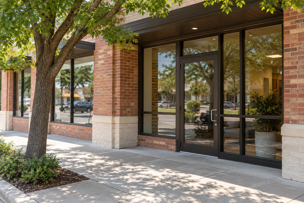 Illustrative neighborhood brick storefront with a simple shaded glazed entry