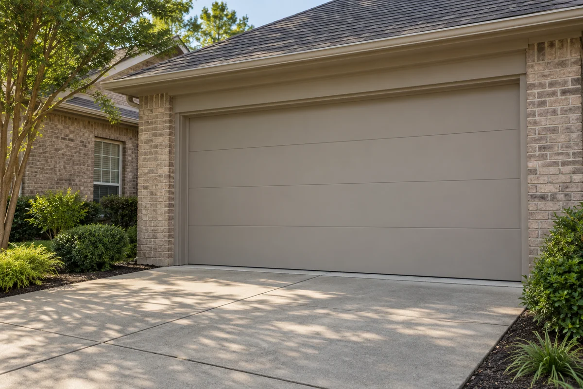 Illustrative private brick-house driveway and a closed two-car sectional garage door