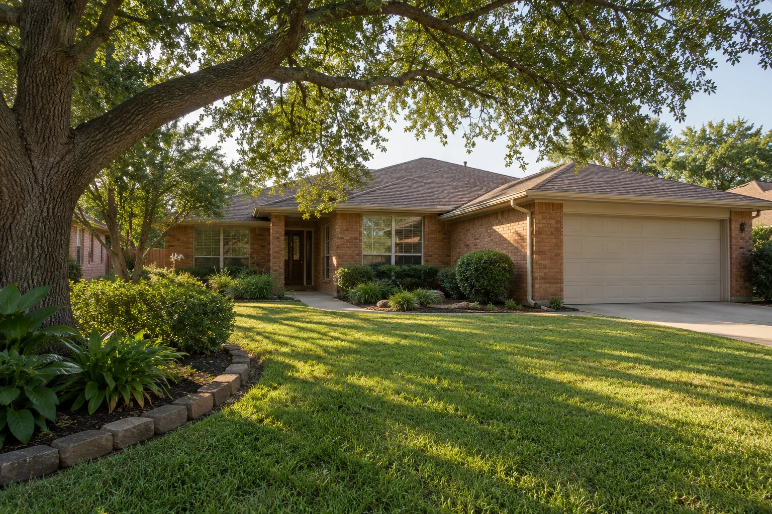 Illustrative North Texas ranch-style brick home with mature shade trees and a quiet driveway