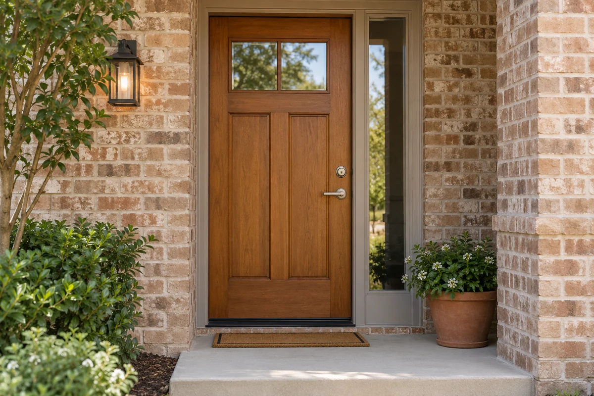 Illustrative warm wooden front door set into a brick-home entry